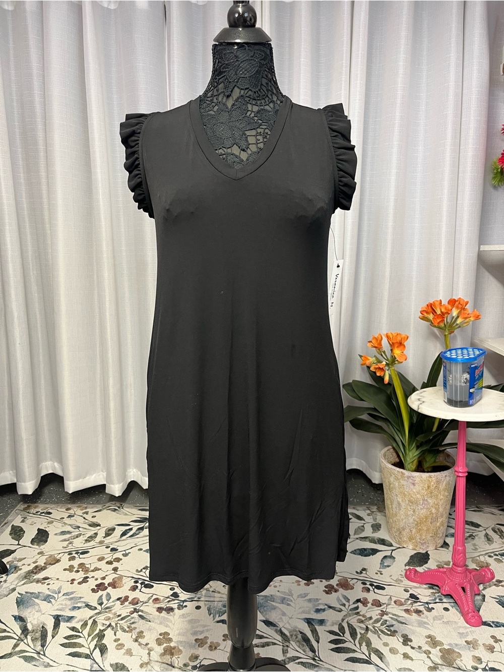 Veronica M Black V-Neck Ruffle Sleeve Mini Dress